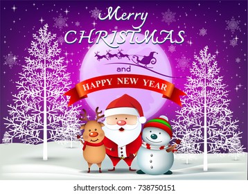Cartoon Smiling Santa Clause and snowman with reindeer, High detailed vector illustration ,Happy Merry Christmas and happy new year companions. snowman on night background
