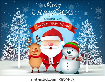 Cartoon Smiling Santa Clause and snowman with reindeer, High detailed vector illustration ,Happy Merry Christmas and happy new year companions. snowman on night background