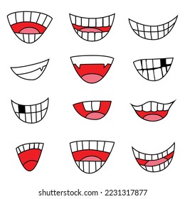 Cartoon smiling set design by Vector and illustrator. Mouth happy funny element emoji symbol