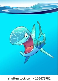 Cartoon smiling shark in the ocean