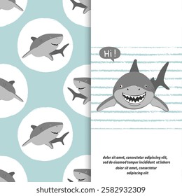 Cartoon smiling shark vector illustration for kids. Fabric design, baby print