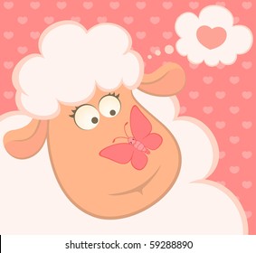 cartoon smiling sheep with butterfly