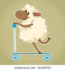 Cartoon smiling sheep riding a scooter.