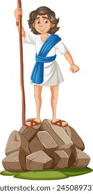 Cartoon of a smiling shepherd boy with staff