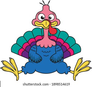 Cartoon smiling sitting color turkey bird. Thanksgiving Day Symbol.