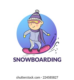 Cartoon smiling snowboarder logo, winter sports, vector illustration