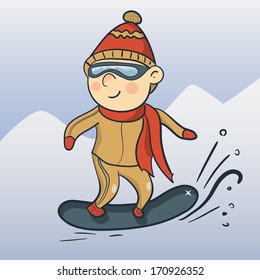 Cartoon smiling snowboarder, winter sports, vector ilustration