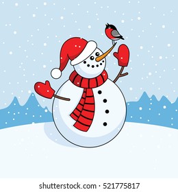 Cartoon smiling snowman in a red cap, scarf and mittens in snow. Vector illustration.