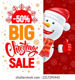 Cartoon smiling snowman in Santa hat and winter scarf, peek out of advertising banner. Red background with snowflakes pattern. Christmas and New Year sale banner template. 3d vector illustration