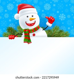 Cartoon smiling snowman in Santa hat and warm winter scarf, holding blank banner. Blue background with snowflakes pattern, fir tree branches. Christmas and New Year greeting. 3d vector illustration