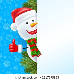 Cartoon smiling snowman in Santa hat and winter scarf, peek out of blank banner. Blue background with snowflakes pattern, fir tree branches. Christmas and New Year greeting. 3d vector illustration