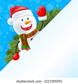 Cartoon smiling snowman in Santa hat and warm winter scarf, holding blank banner. Blue background with snowflakes pattern, fir tree branches. Christmas and New Year greeting. 3d vector illustration