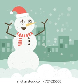 cartoon smiling snowman in snowy day.