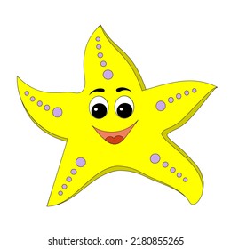 Cartoon smiling starfish. Yellow sea star on white background. Sea Character.