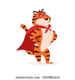 Cartoon smiling striped tiger in superhero costume isolated on white background. Cute funny joyful wild cat. Holiday standing cheerful animal character super hero in red mantle vector illustration.