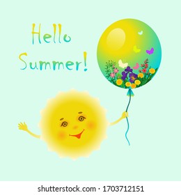 Cartoon smiling sun with a balloon with wildflowers, butterflies and text Hello Summer.