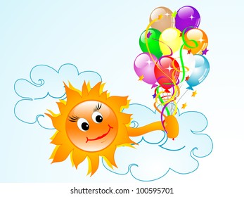Cartoon smiling sun with colorful party balloons