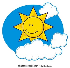 Cartoon of a smiling sun with fluffy clouds