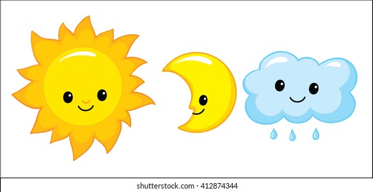 Cartoon smiling sun, moon and clouds. Vector illustration isolated on white background.
