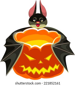 Cartoon smiling sweetheart bat hugs orange glowing pumpkin-lantern