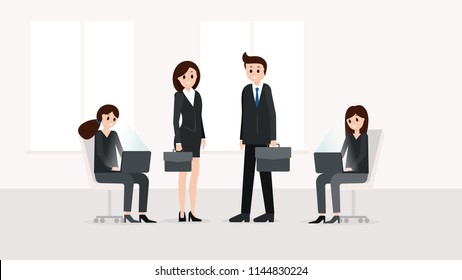 Cartoon smiling team working at workplace together vector illustration. Man and woman in business suit standing with briefcase and two girls sitting on office chairs with modern laptops