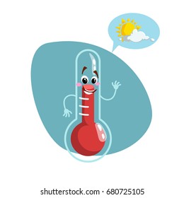 Cartoon smiling thermometer mascot. Weather funny symbol. Comfort climate speaking character. Speech bubble with sun and clouds. Vector illustration icon.