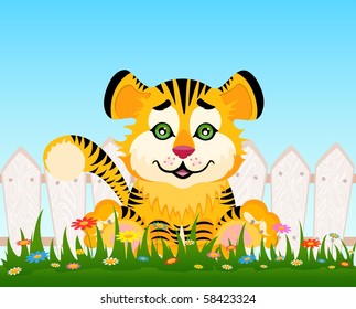 Cartoon smiling tiger after a fence