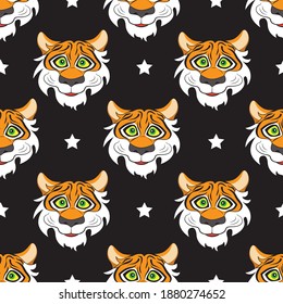 Caricatura de tigre sonriente cara patrón sin fisuras. Ilustración vectorial.