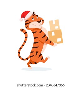 Cartoon smiling tiger in Santa hat delivers parcel boxes isolated on white background. Cute walking wildcat. Chinese symbol of New Year 2022. Holiday striped character with package vector illustration