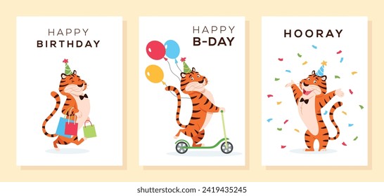 Cartoon smiling tigers with shopping bags, balloons, kick scooter, confetti. Happy Birthday, B day, Hooray greeting cards, invitation design set. Festive birth celebration postcard vector illustration