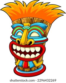 Cartoon Smiling Tiki Tribal Wooden Mask. Vector Hand Drawn Illustration Isolated On Transparent Background