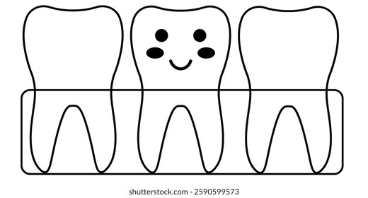 Cartoon Smiling Tooth Among Others in a Line Drawing Illustration. Playful and cute illustration of a smiling tooth surrounded by other teeth, created in a line art style. Great for use in dental