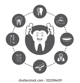 Cartoon Smiling tooth and Dental icons set