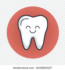 cartoon smiling tooth icon on red circular background with dental care theme