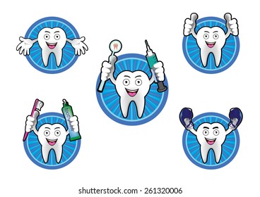 Cartoon Smiling tooth icons set