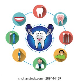 Cartoon Smiling tooth and modern flat dental icons set with long shadow effect