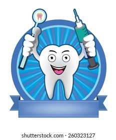 Cartoon Smiling tooth with mouth mirror and syringe banner 