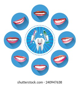 Cartoon Smiling tooth with Set of smiles