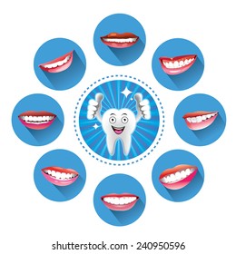 Cartoon Smiling tooth with Set of smiles