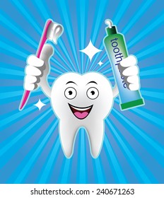 Cartoon Smiling tooth with toothbrush and toothpaste
