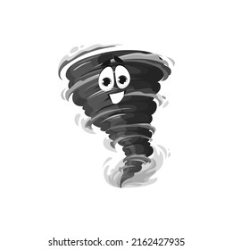 Cartoon lächelnd Tornado Vortex Charakter, lustige Vektorsturm Strudel Persönlichkeit. Schwarzer Wirbelwind, Wirbelsturm mit freundlichem Gesicht. Wirbelsturm einzeln, Naturkatastrophe