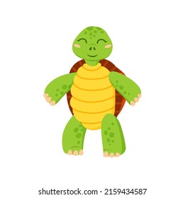 Cartoon smiling turtle isolated funny little tortoise animal on rest. Vector cute friendly aquatic and terrestrial reptilian. Adorable sea or land dwelling reptile lying on back. Funny kids turtle toy