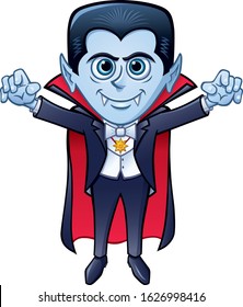 Cartoon of a smiling vampire character dressed in a formal suit and cape with his arms up in a threatening manner while showing his fangs.