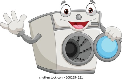 Cartoon smiling washing machine waving hand