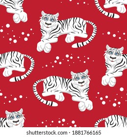 Cartoon smiling white tiger and snowflakes on red background seamless pattern. Vector illustration.
