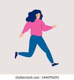 Cartoon smiling woman is a big hurry. Vector illustration of a young girl with loose hair running on a light background