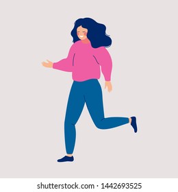 Cartoon smiling woman running. Vector illustration of a young girl with loose hair walking on a light background