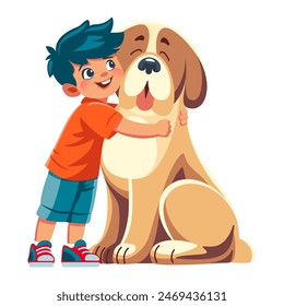 Cartoon smiling young boy with orange hair and yellow shirt hugging Saint Bernard dog. Flat vector