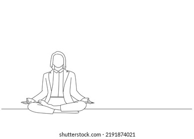 Cartoon of smiling young businesswoman with closed eyes meditating while levitating at workplace. Oneline art drawing style
