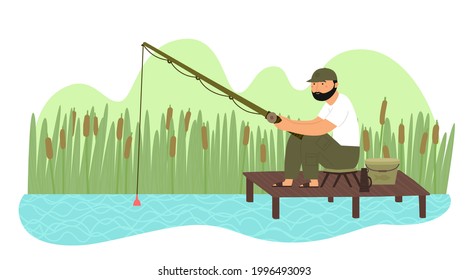 Caricatura de un joven sonriente con barba con barra de pesca en la ilustración del vector del lago. Pescador caucásico de mano plano y feliz sentado en un muelle de madera con palo de pesca. Vacaciones de verano y pasatiempo al aire libre